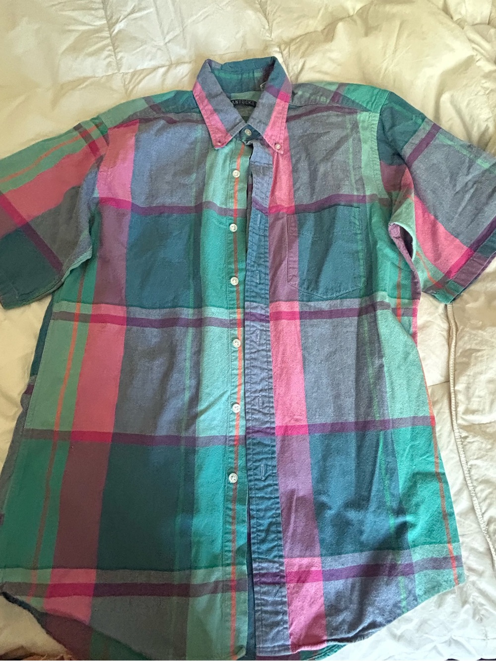 Men's Plaid Short-Sleeve Button-Down Shirt - Teal & Pink